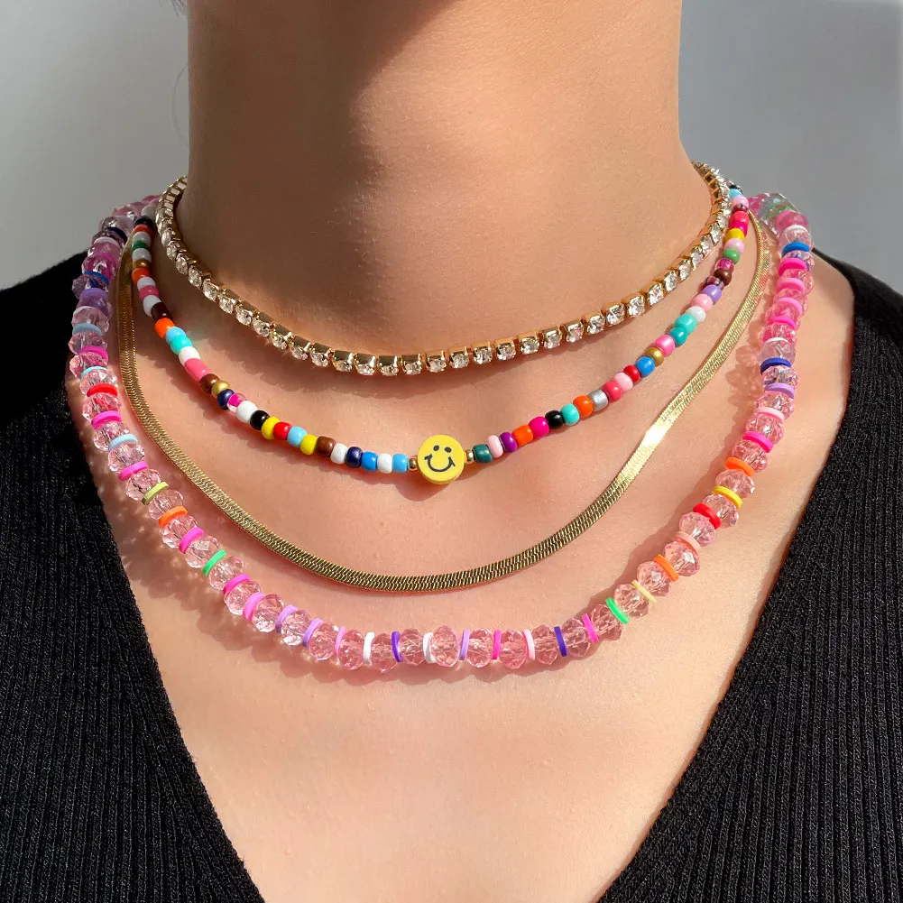

4 Pieces Smile Face Beaded Necklace For Women Colorful Handmade Bead Rhinestone Pearl Choker Multilayer Necklaces Summer Jewelry
