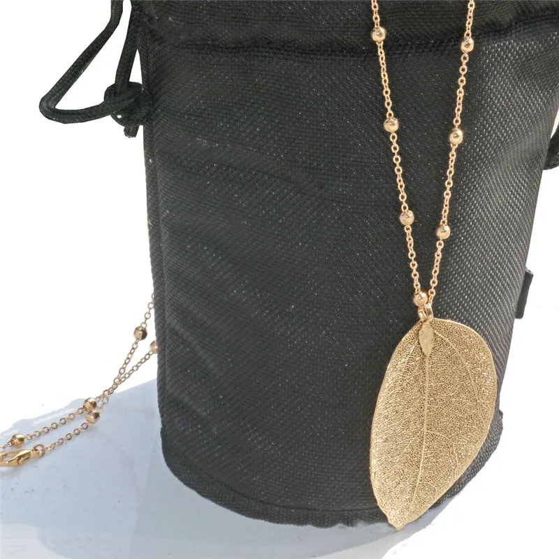Real Leaf Pendant Necklace Gold Long Chain Charm Rustic Wedding Jewelry Statement Bridesmaid Gift | Украшения и аксессуары