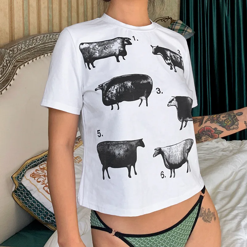

DUAYR 2021 Summer y2k Cow print Casual Women's T-shirt Harajuku Fashion Cute Streetwear Sexy Loose Round Neck Short Sleeve Top