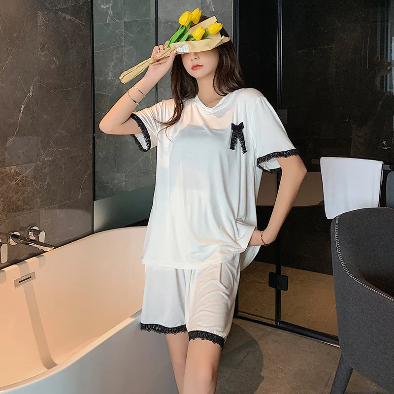 

2021 New Pajamas Women's Summer Home Wear Cotton Thin Casual Korean 2Pcs Suit Female Sleepwear Sets Lace Nightgown Sleeping Wear