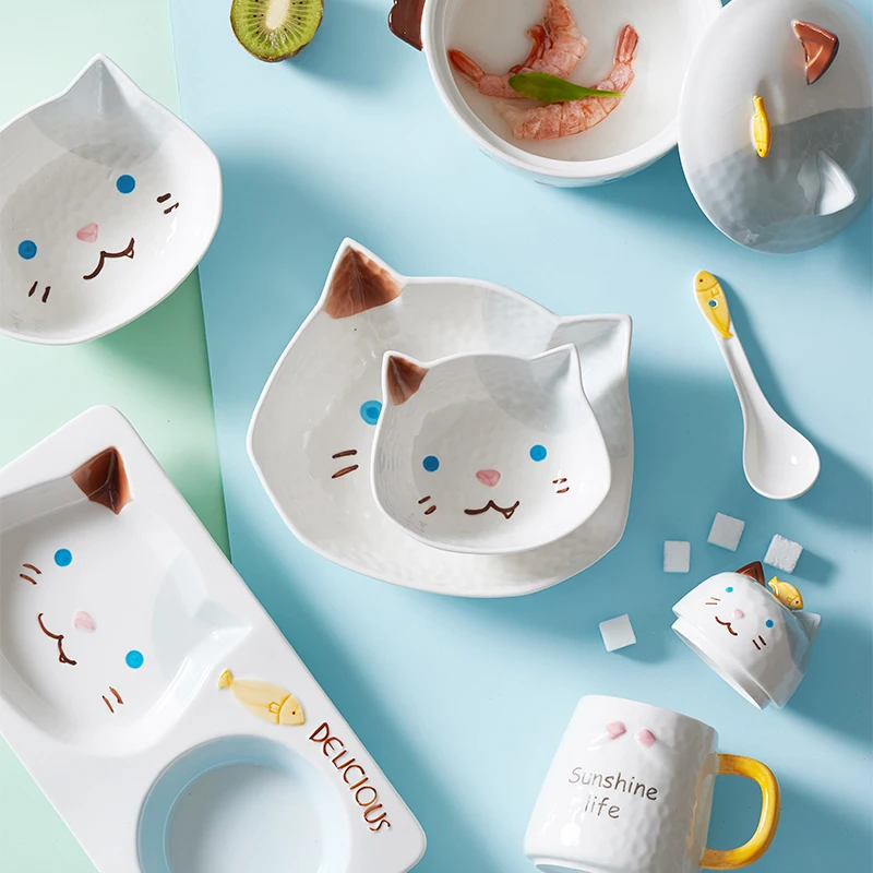 

Kids Cartoon Cat Ceramic Dinner Plate Bowl Mug Spoon Set for Children Kitty Breakfast Salad Soup Dessert Bowl Tureens Dinnerware