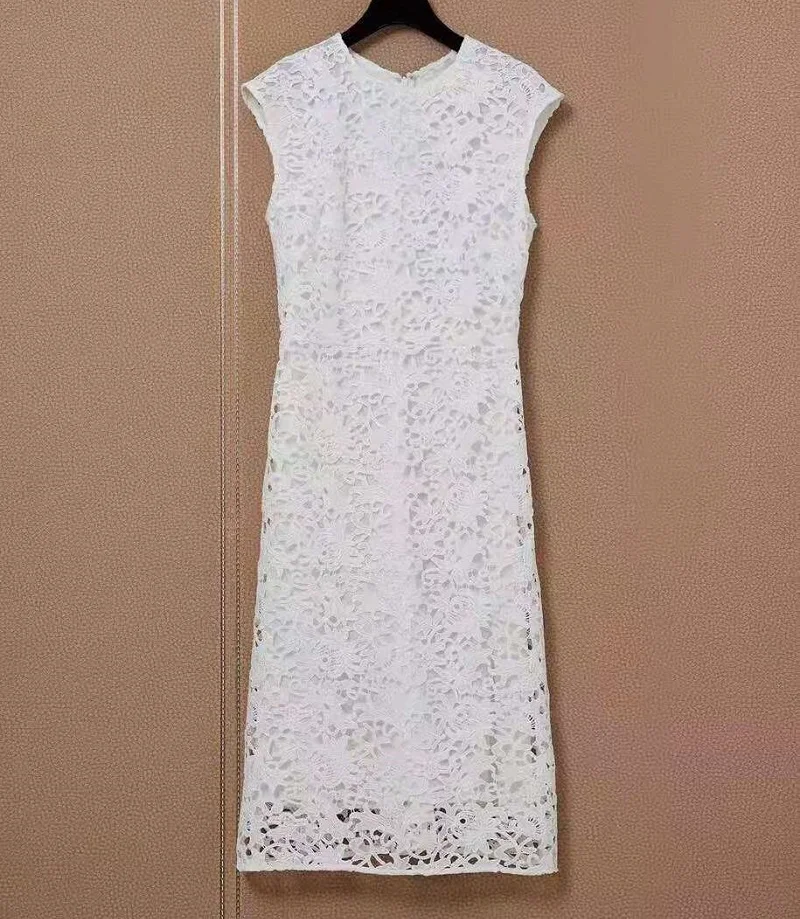 

Bodycon Dress 2021 Spring Summer Party Events Women O-Neck Allover Crochet Lace Embroidery Sleeveless White Black Dress Lace