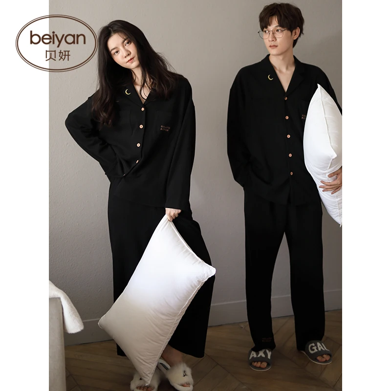 Couple Pajamas Women's Spring and Autumn Cotton Long-Sleeved Fashion Polo Collar Home Wear Large Size Men's Black Couple Suit
