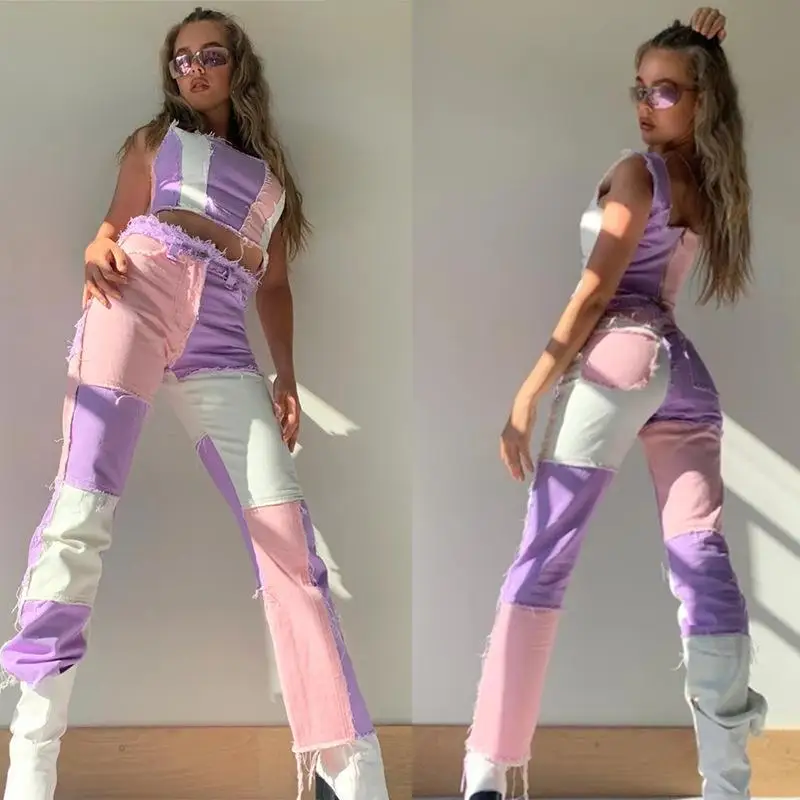 

Autumn New Style Women's Personality Street Stitching Contrast Color Distressed High Waist Fencil Fants Jeans