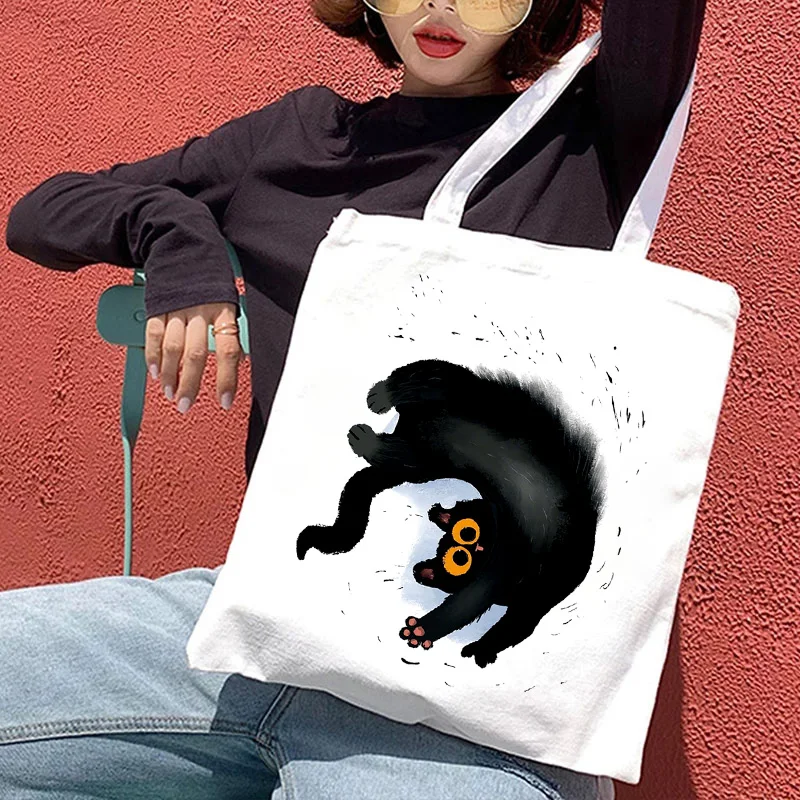 

Black Cat Women Canvas Bags Large Harajuku College Tote Bag Cartoon Vintage Lady Shopping Bag Funny Women's Shoulder Bags 2021