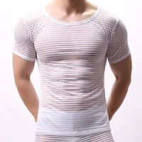 men t shirt mesh striped seethrough undershirts casual muscle shaper male tshirt slim fitness tee tops sexy nightwear