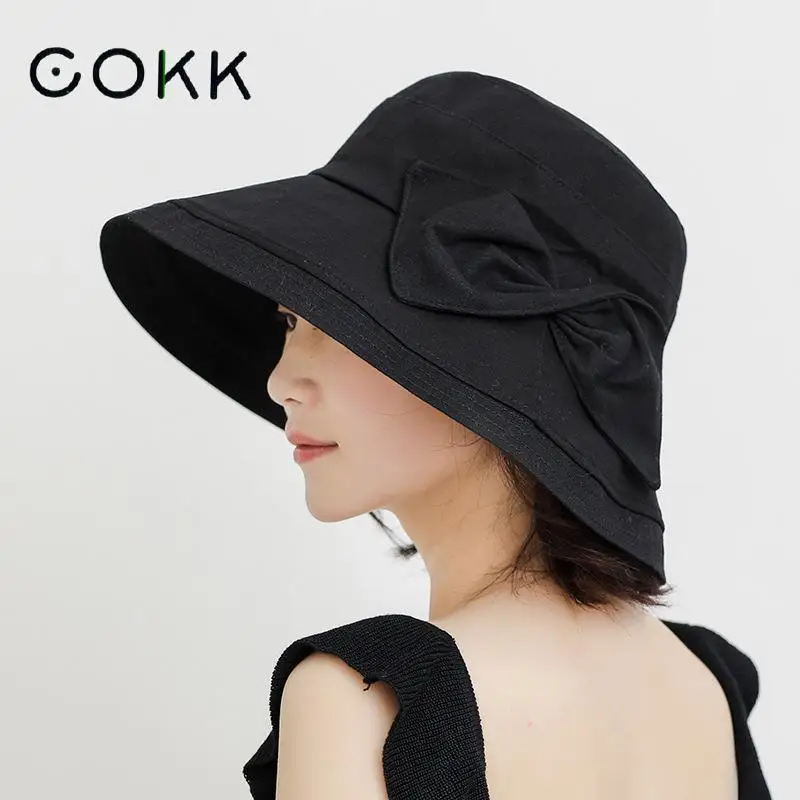 

COKK New Solid Color Hat Women Summer Big Bow Brim Sun Uv Protection Fisherman Cap Korea Bucket Hat Gorro Cotton Casual Foldable