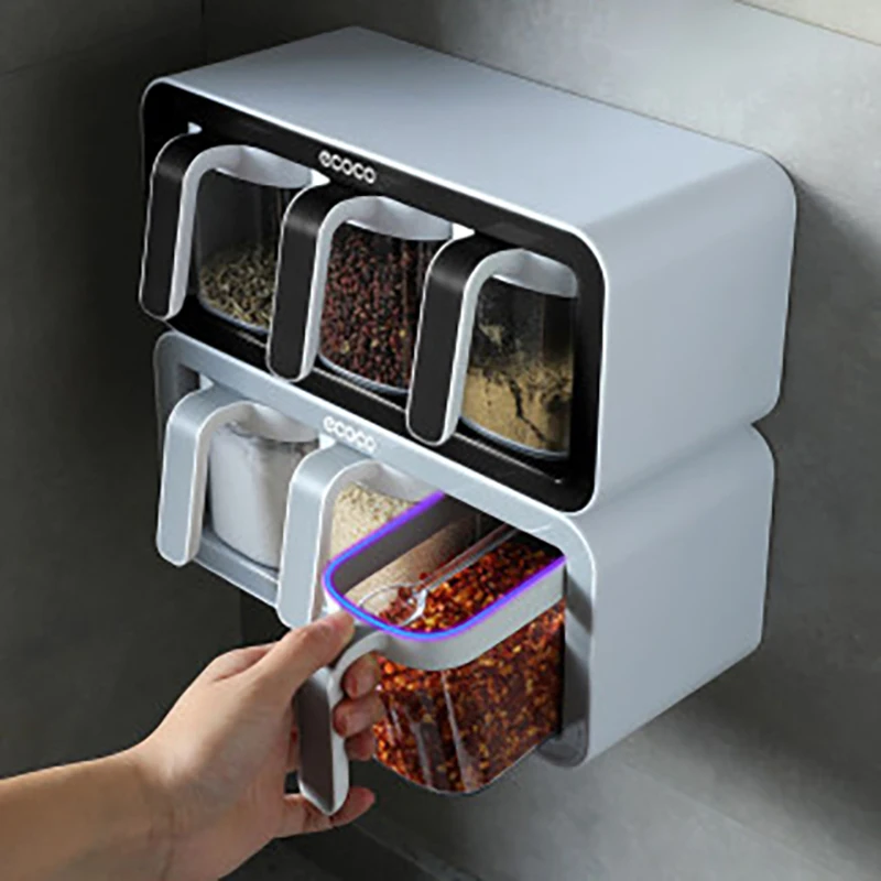 

Wall Mount Spice Rack With Spoons Hanging Spice Storage Boxes Sugar Salt Seasoning Container Kitchen Supplies Storage Set