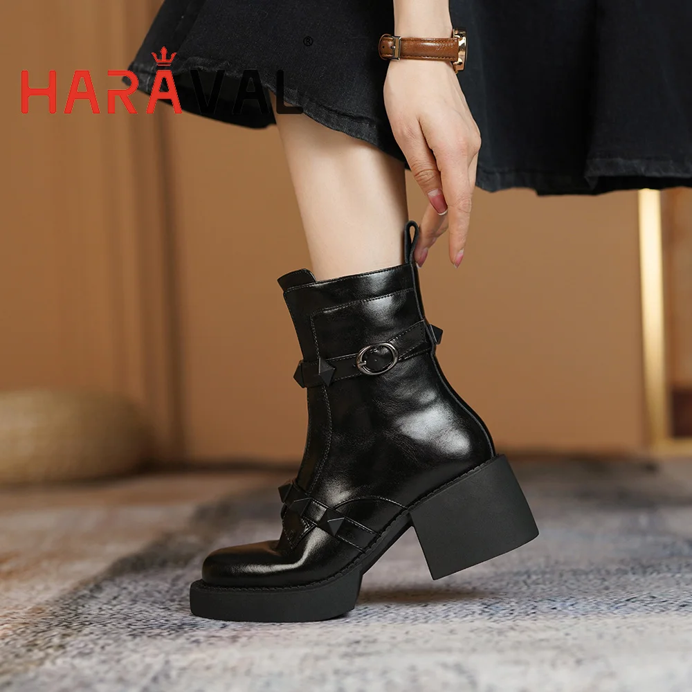 

HARAVAL Ankle Modern Boots Shoes High Heels Solid Fashion Elegant Round Toe Genuine Leather Black Footwear Shoes Women E534L