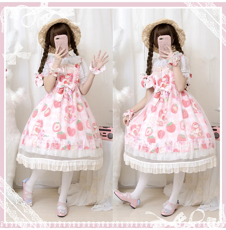 

Japan style sweet lolita dress vintage lace bowknot cute printing hgh waist kawaii dress kawaii girl gothic lolita jsk loli cos