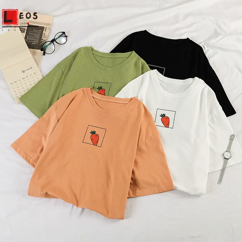 Милая женская футболка с принтом моркови свободные топы коротким рукавом для