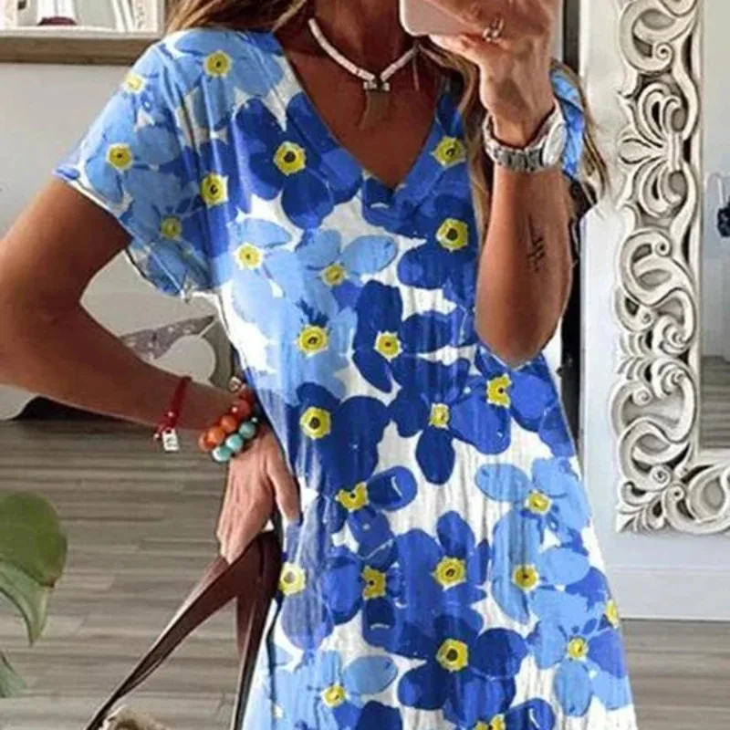 

Floral Print Summer Dress Casual Short Sleeve V Neck Split Maxi Dresses For Women 2021 Fashion Blue Woman Long Dress Robe Femme