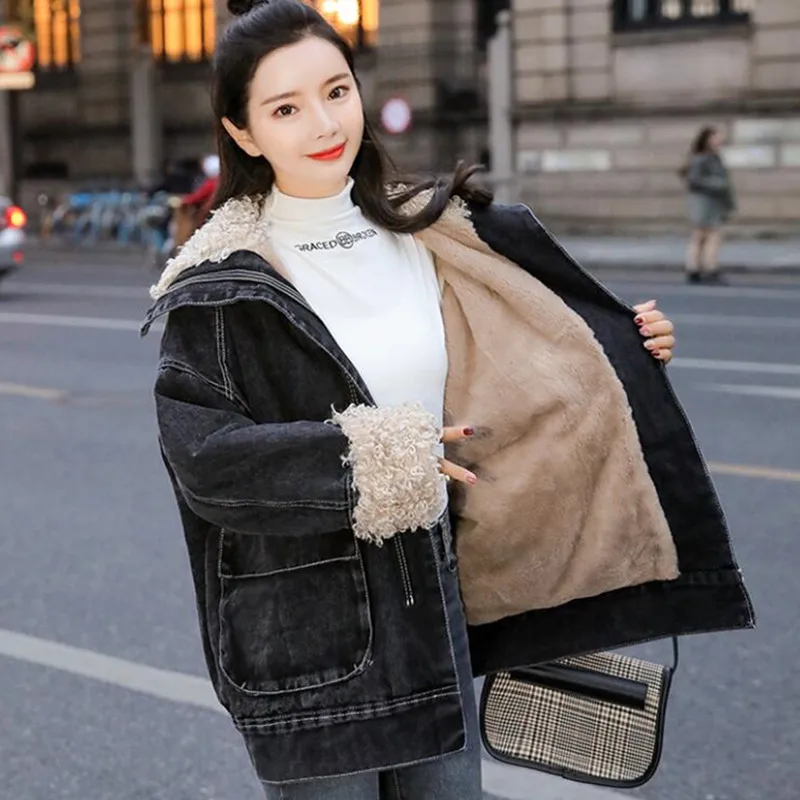 

Cotton denim jacket women autumn and winter clothes Korean style loose mid-length coat 2022 new plus velvet padded coat H189
