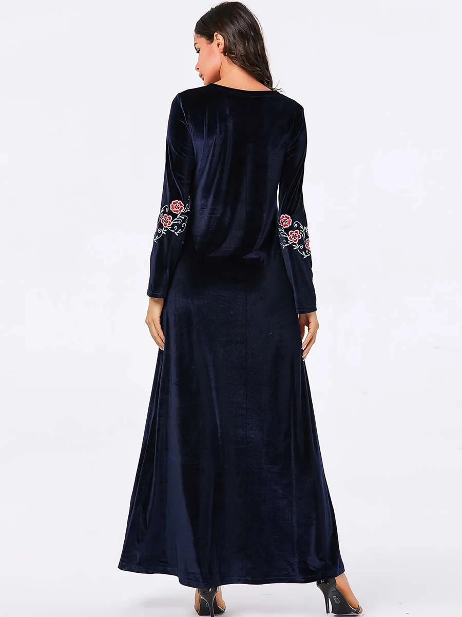 

Elegant Velvet Muslim Dress Women Embroidery Floral Big Swing A-line Maxi Dress Kimono Long Robe Abaya Dresses Islamic Clothing