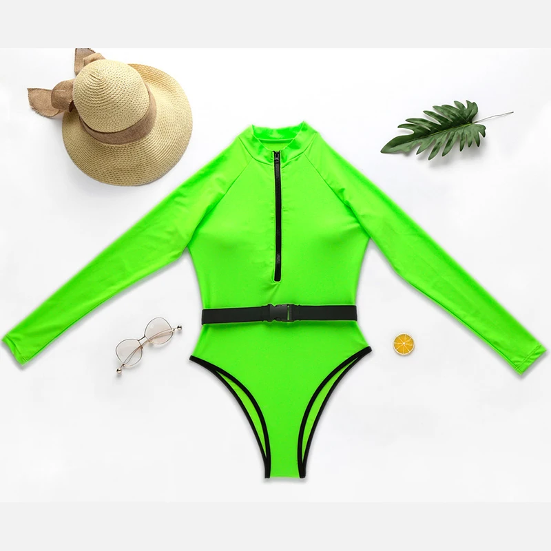 Бразильский Цельный купальник на молнии с длинным рукавом неоново-зеленый