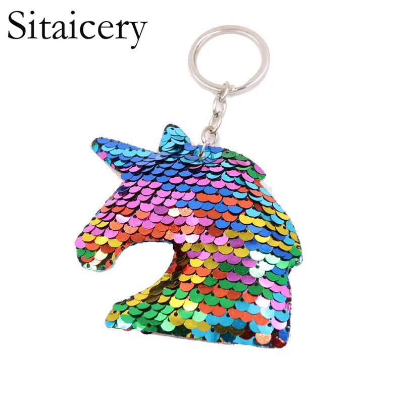 

Sitaicery Unicorn Keychain Reflective Pompom Sequins Drive Safe Key Chain Boyfriend Gift Cute Keychains For Men Llaveros Brelok