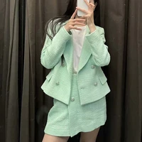 textured cropped blazer women fashion vintage double breasted with pocket stylish notched lapel jacket suit sets