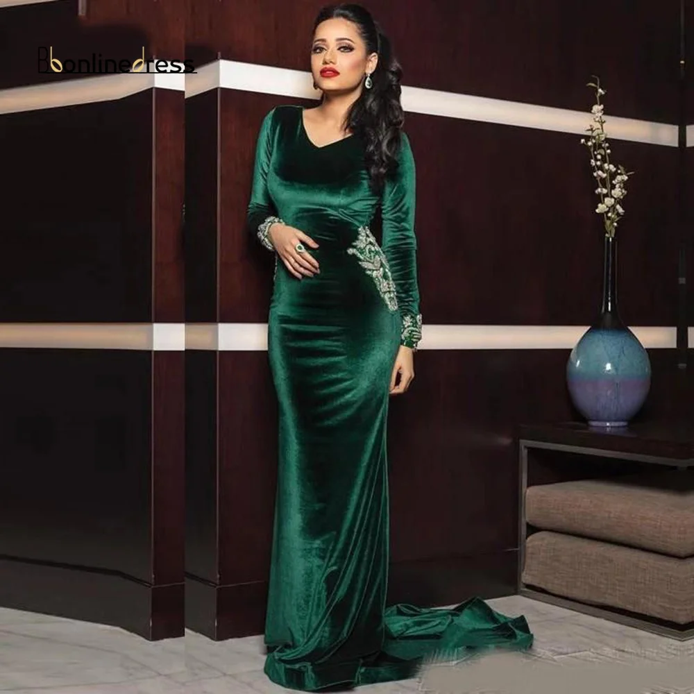 

Bbonlinedress V Neck Moroccan Caftan Evening Dress Appliques Long Sleeves Muslim Woman Dress Mermaid Velvet Prom Celebrity Gown