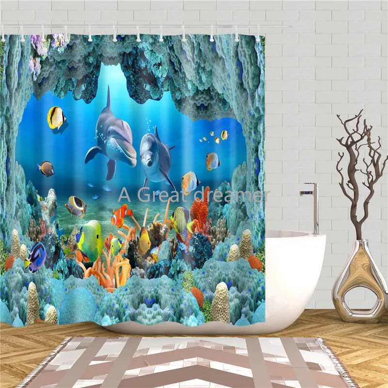 

Занавеска для душа 3d, водонепроницаемый шторка для ванной из ткани «рыбья черепаха» под водой, с крючками, декор для ванной комнаты