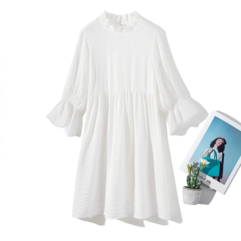 

Women Mini Dress Casual Stand Collar Ruffles Half Sleeve Elastic Breathable Loose Streetwear Outfits Elegant Solid A-line Dress