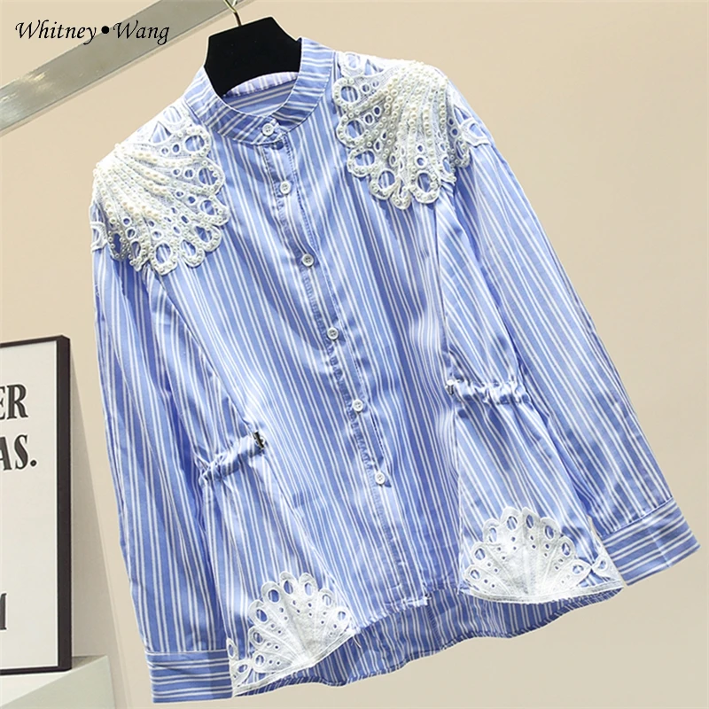 WHITNEY WANG Blouses 2020 Spring Fashion Streetwear Lace Embroidery Pearls Beading Striped Blouse Women Blusas Lady Shirt Top | Женская