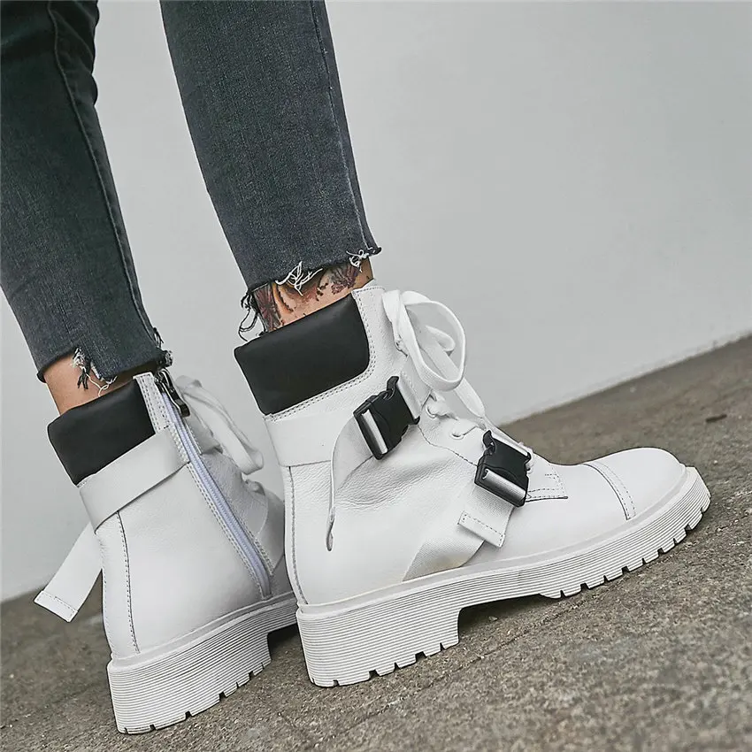 Женские высокие ботинки со шнуровкой в стиле панк из коровьей кожи на низком