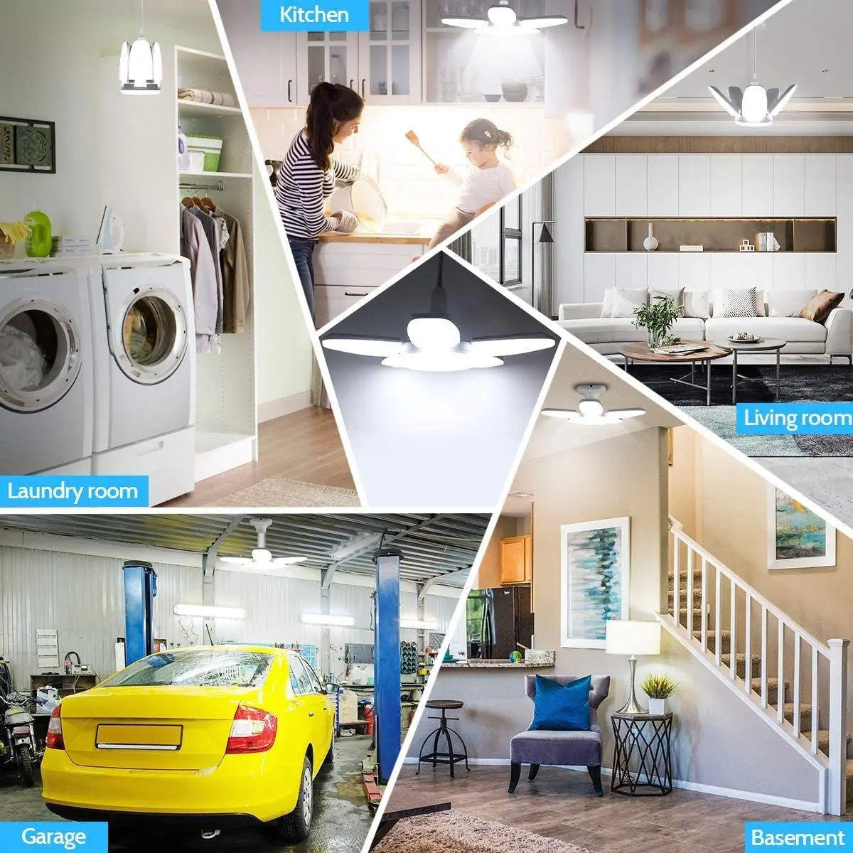 

6+1 Panels LED Garage Lights Foldable E27 Bulb 6 Adjustable Fan Blades Deformable Workshop Warehouse Ceiling Lighting AC110-265V