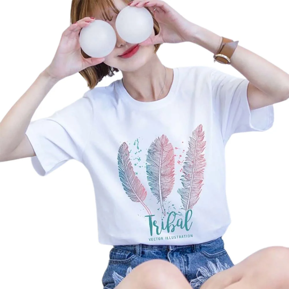 

New Arrival Plus Size Feather Print Soft T Shirt Women Ladies Short Sleeve Crew Neck Casual Comfy Store