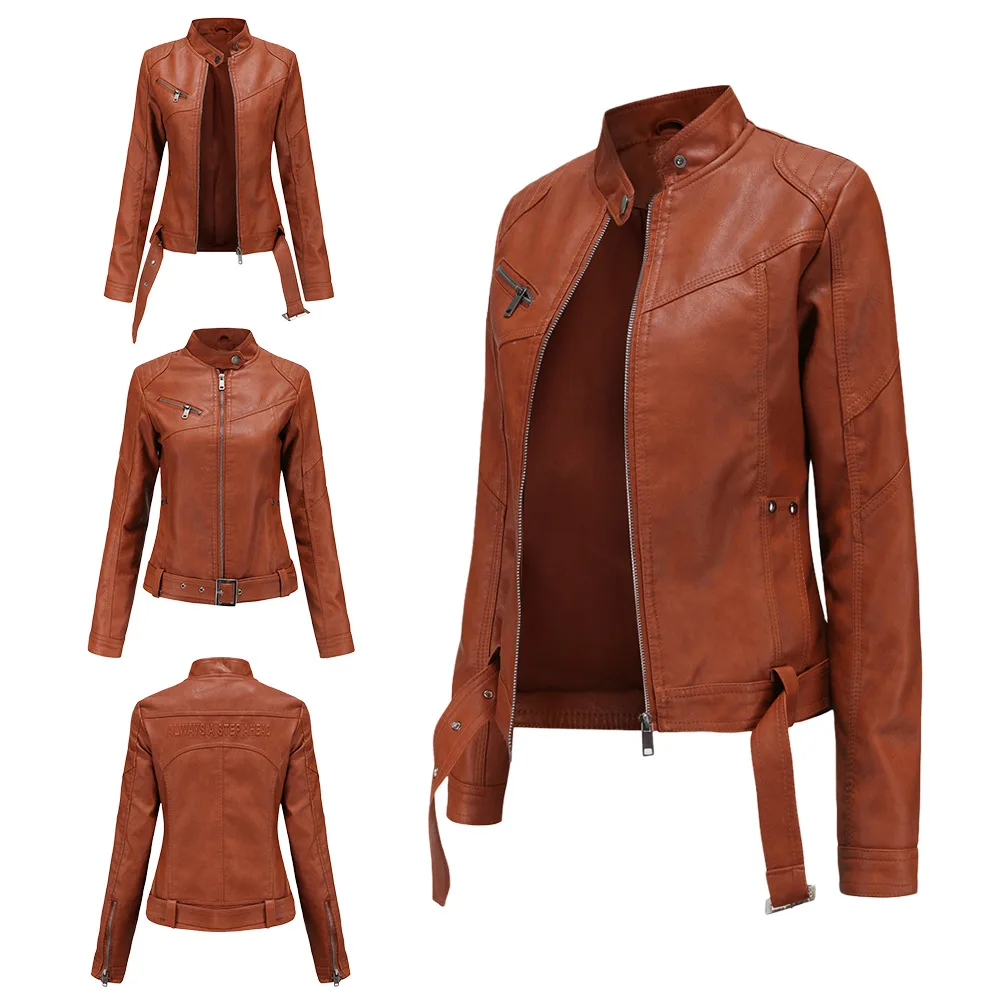 New Women's Short Jacket with Belt Women's Leather Jacket Large Size Slim-fit Leather Jacket Stand-up Collar Thin Leather Jacket