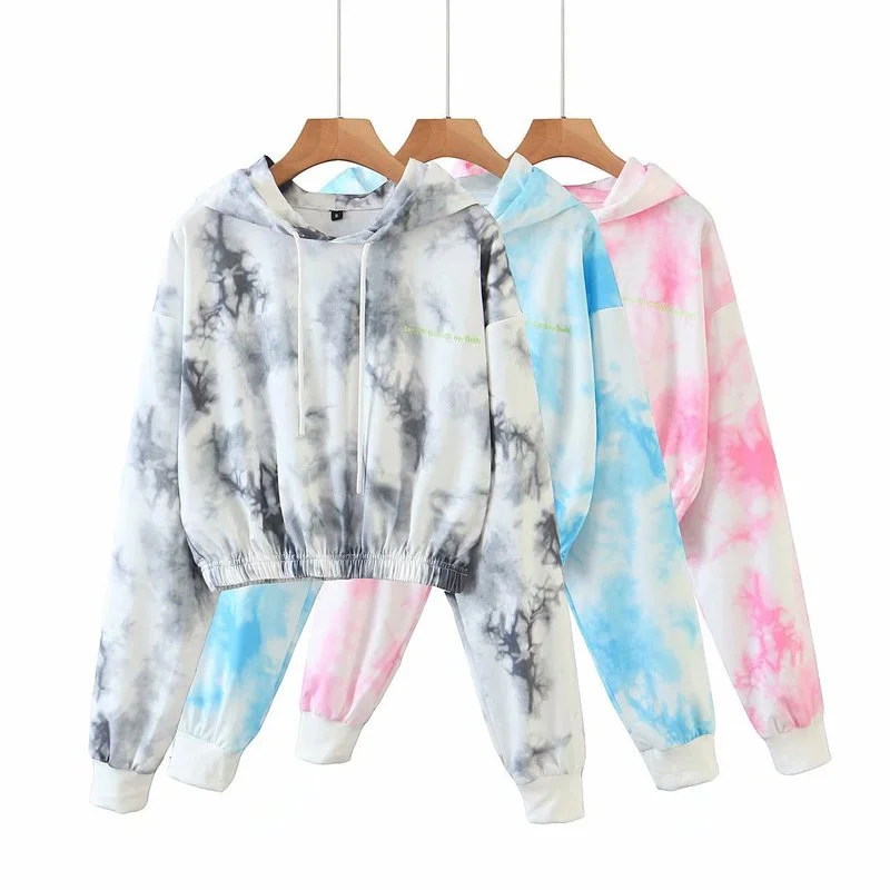 

High Street Vintage Long Sleeve Tie-Dye Print 3 Color Hoodie Ladies Fashion Leisure Loose Pullover XS-L Autumn Spring Women Tops