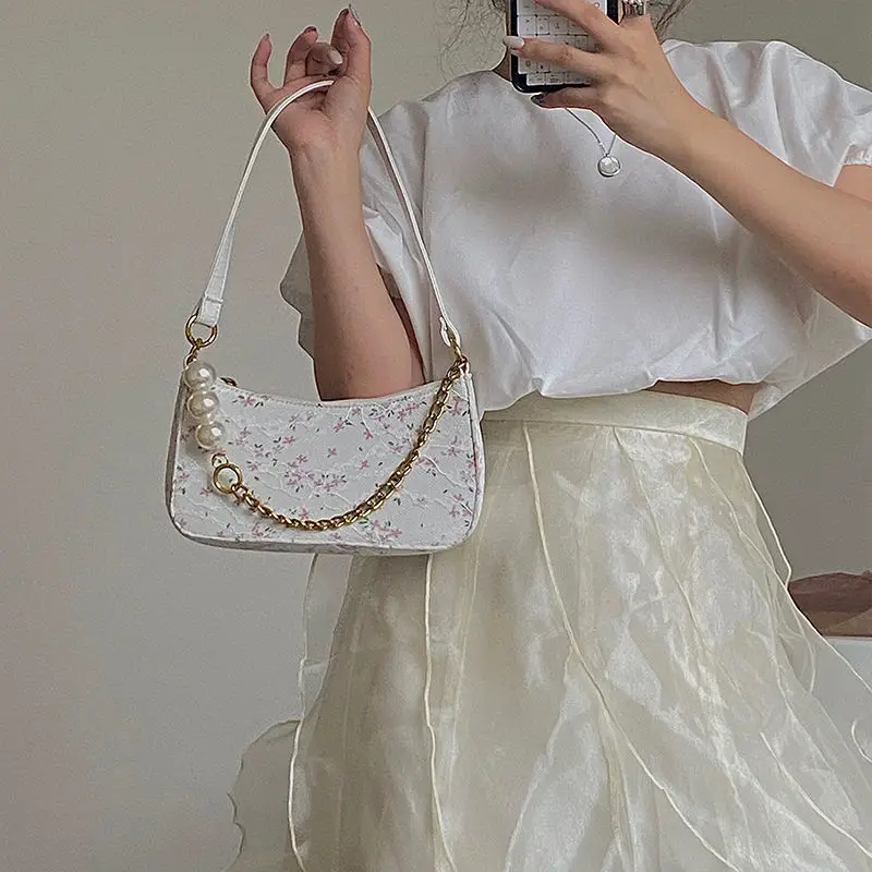 

Pearl Chain Underarm Bags for Women 2021 Pu Leather Shoulder Messenger Bag Lady Fashion Flowers Handbags Luxury Totes Purses