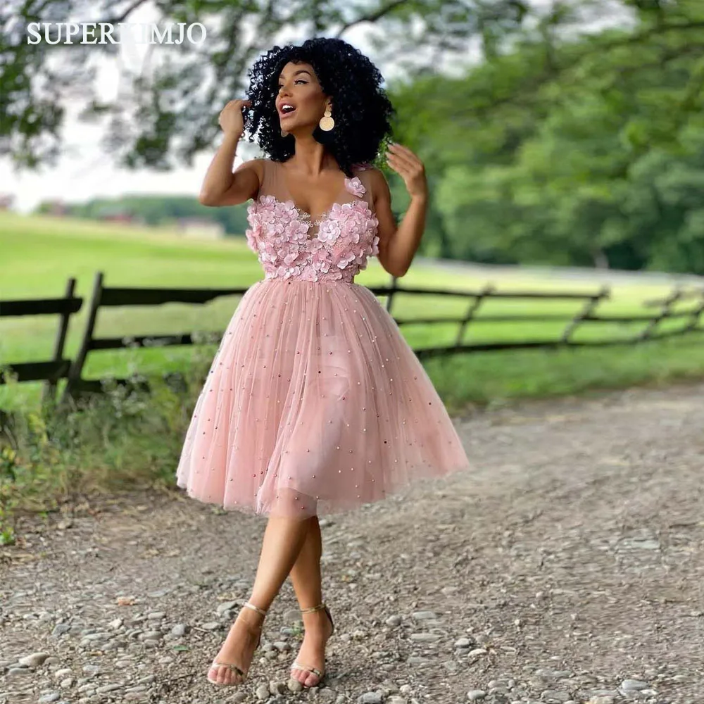 

SuperKimJo Robe De Cocktail Pink Beaded Prom Dresses Short Lace 3D Flower Homecoming Dress Vestido De Graduacion