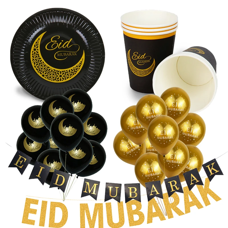 

6pcs EID MUBARAK cup&plate Ramadan kareem With eid ramadan banner Home decoration Islam element balloon kit moon&star mosque