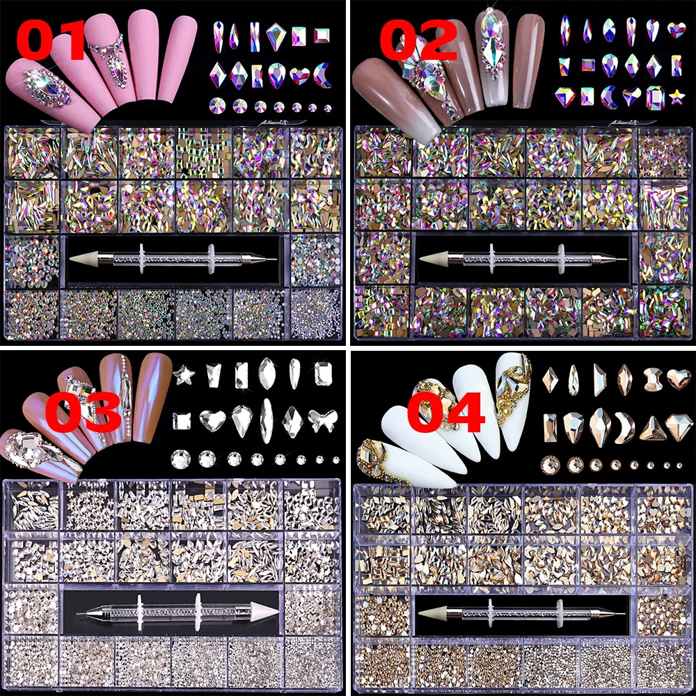 

3100Pcs/Box 3D Diamond Nail CrystalsNail Rhinestones Mixed DIY AB Flat Glass Nail Art Decoration Manicure Tools Accessories