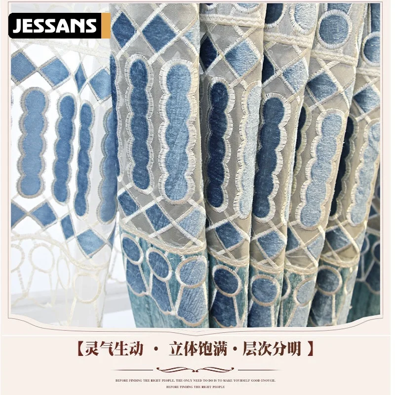 

Luxury Simple European Style Cashmere Embroidered Curtains for Living Room Bedroom Blue Blackout Curtain Valance Decoration