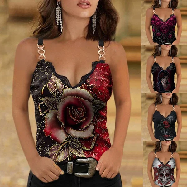

express summer new lace decorative V-neck printed suspender vest T-shirt