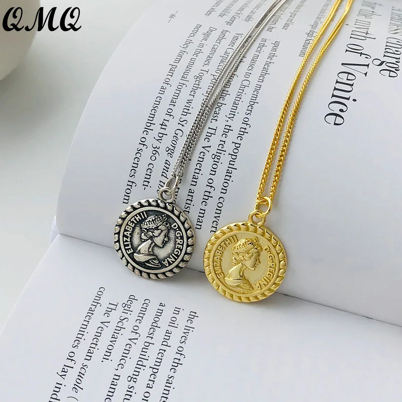

Real 925 Sterling Silver Retro Female Head Clavicle Necklaces for Women Girls Party Golden Embossment Necklace Handmade Jewelry