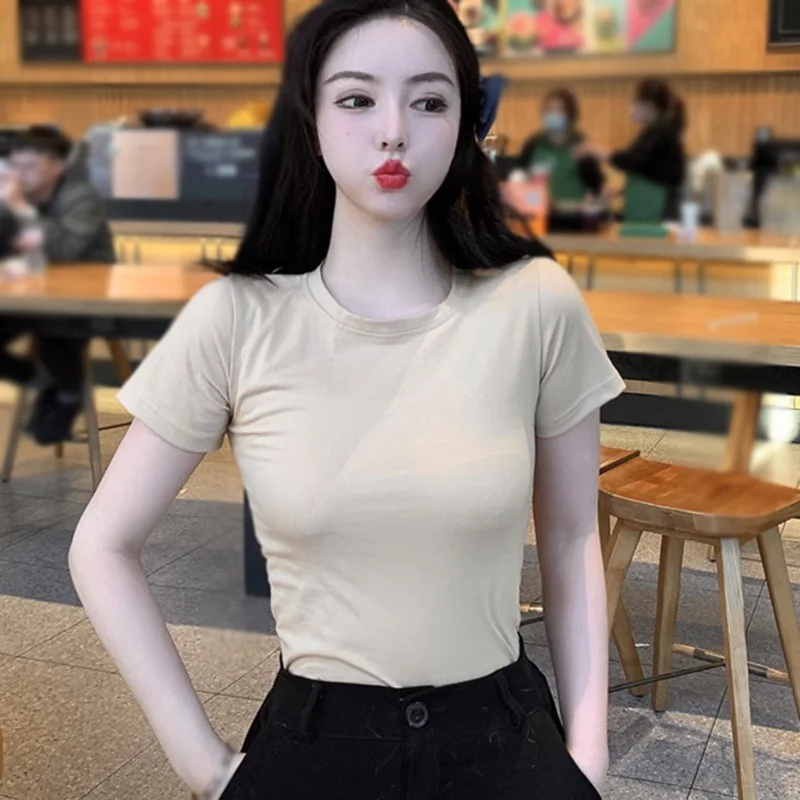 

Women Cool Solid Color Short Tees New T-Shirts Simple Bottom Shirt Short Sleeve Top Gradient Summer Crop Tops Female Clothes