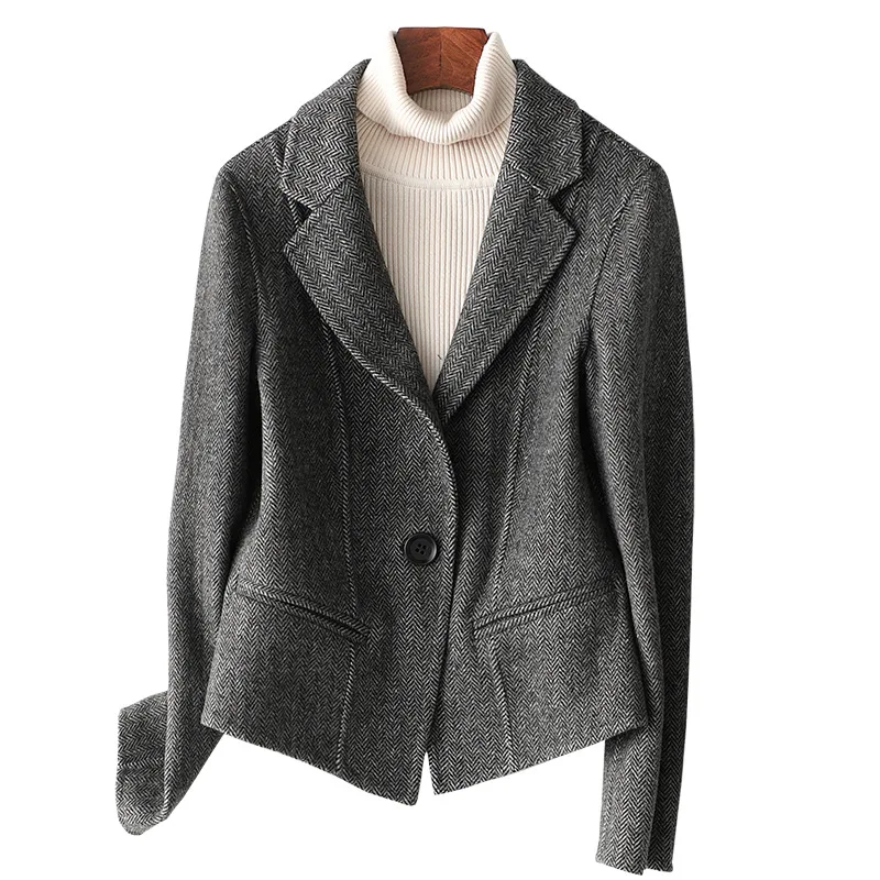 Женский шерстяной твидовый двусторонний приталенный осенне-зимний короткий