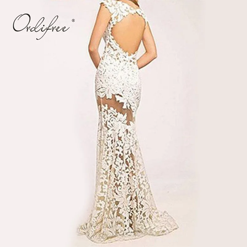 Женское длинное вечернее платье Ordifree элегантное белое кружевное макси в пол без
