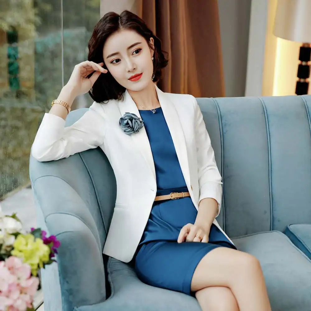 

Professional Dress Suits With 2 Piece Tops And Dress For Office Ladies Blazers & Jackets Sets Elegant White Fall Winter