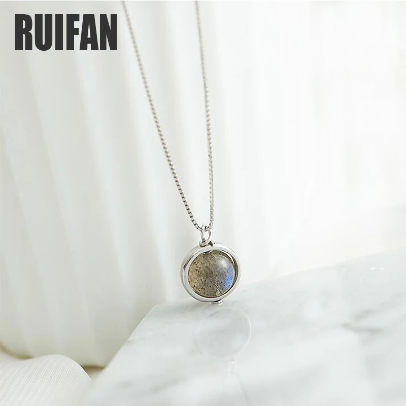 Ruifan круглый природный серый лунный камень 925 стерлингового серебра кулон
