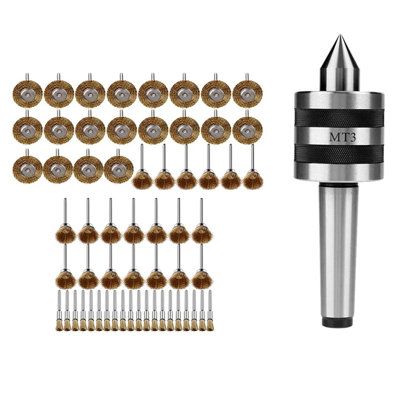 

60Pcs Mini Wire Brush Wheel Cup Steel Wire Brush Set Shank with MT3 Live Revolving Center Taper Turning Tool