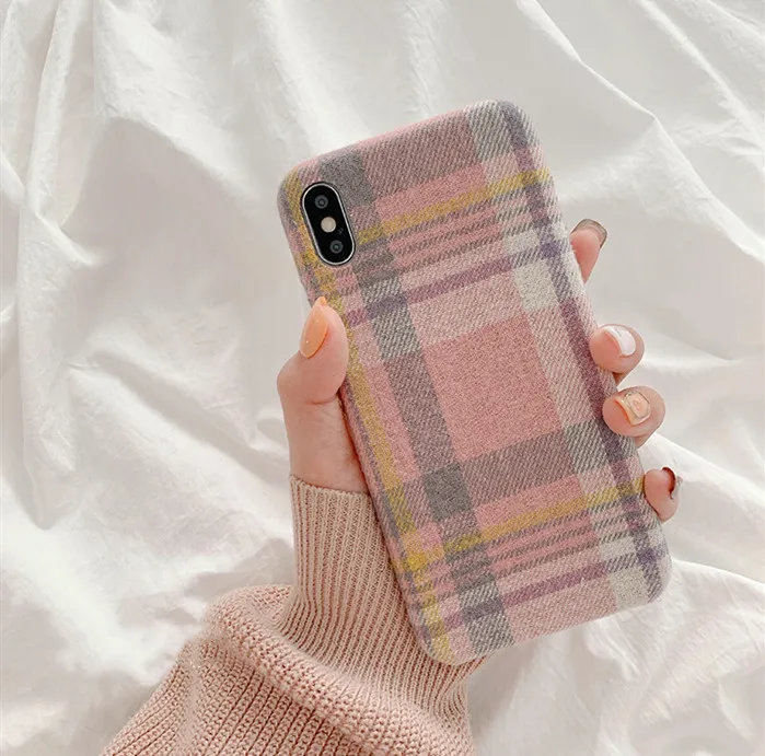 pink Теплый фланелевый клетчатый тканевый чехол для телефона для Iphone 11 Pro X Xr, розовый тканевый плюшевый чехол для Iphone Xsmax 7 6 8 plus, мягкая задняя крышка из ТПУ - Цвет: pink
