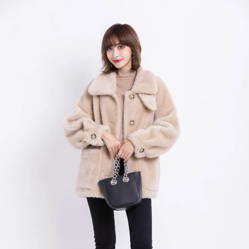 

Winter mid-length thick and warm lamb fur coat female particle cashmere fur one young loose fashion lamb shearling ladies coat