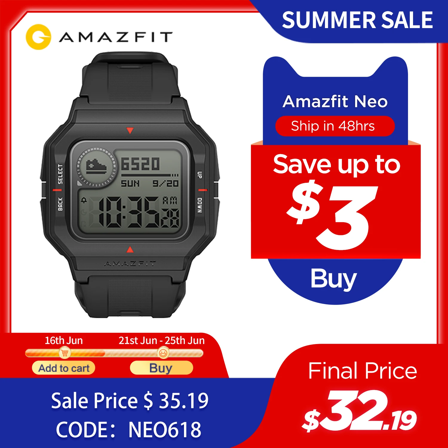 NEW 2020 Amazfit Neo Smart Watch Bluetooth Smartwatch 5ATM Tracking 28Days Battery Life Watch For Android IOS Phone