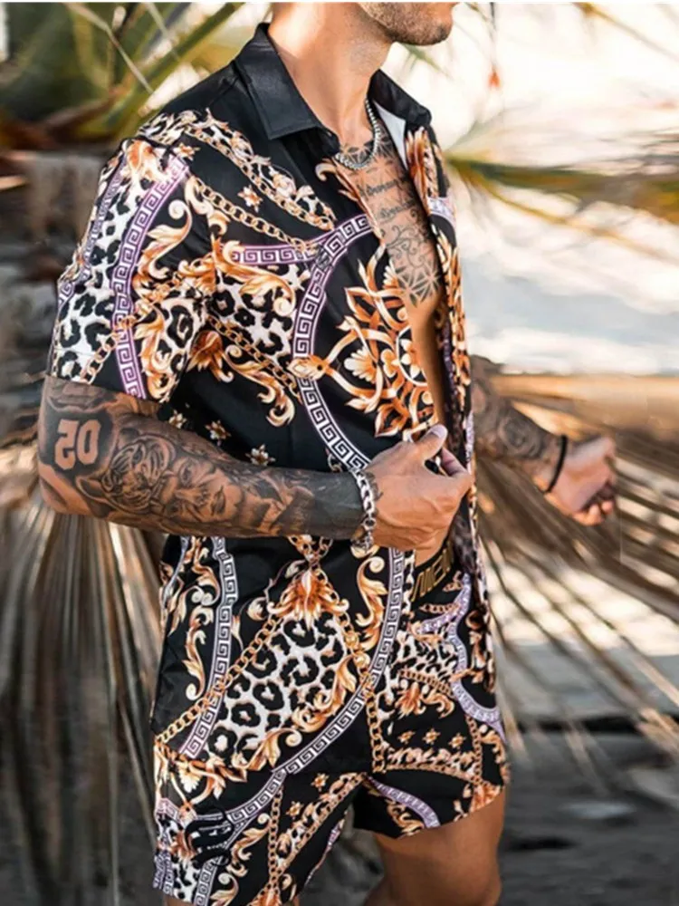 

2021The New Fashion Men's Trip Hawaiian Beach Style Digital Print Cardigan Short Shirt Jogging Digital Print Shorts 2 Piece Suit