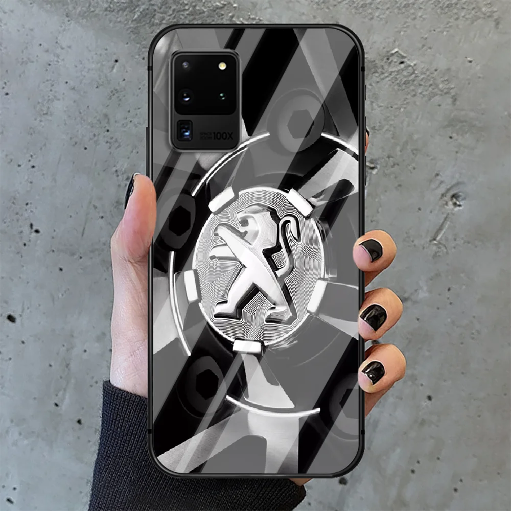 

Peugeots Car logo Phone Tempered Glass Case Cover For Samsung Galaxy S Note 5 6 9 10 10E 20 21 FE Plus Uitra Cover Cell Painting
