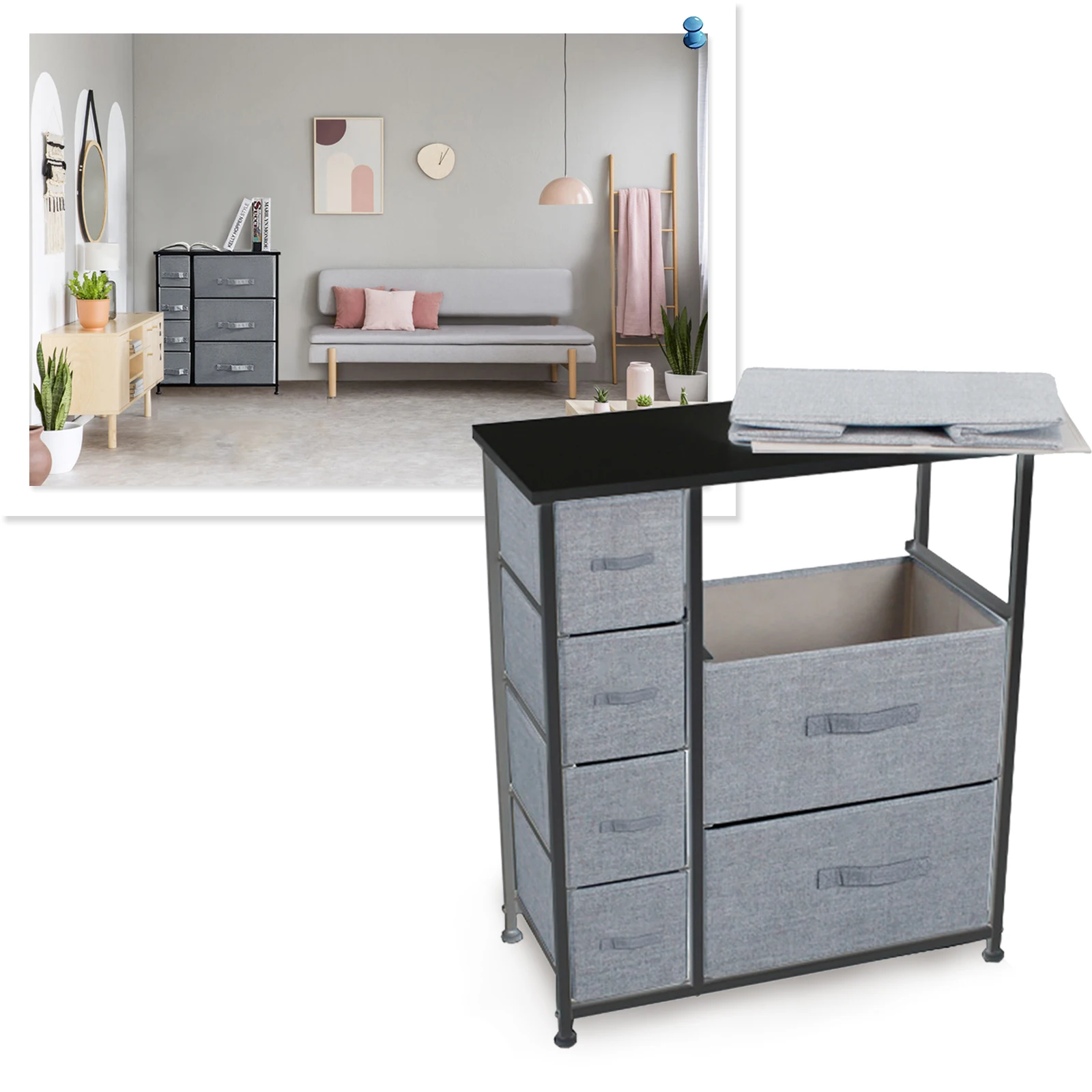 

Dresser with 7 Drawers for Fabric Storage Tower, Wooden Top & Easy Pull Fabric Bins (Cool Grey)
