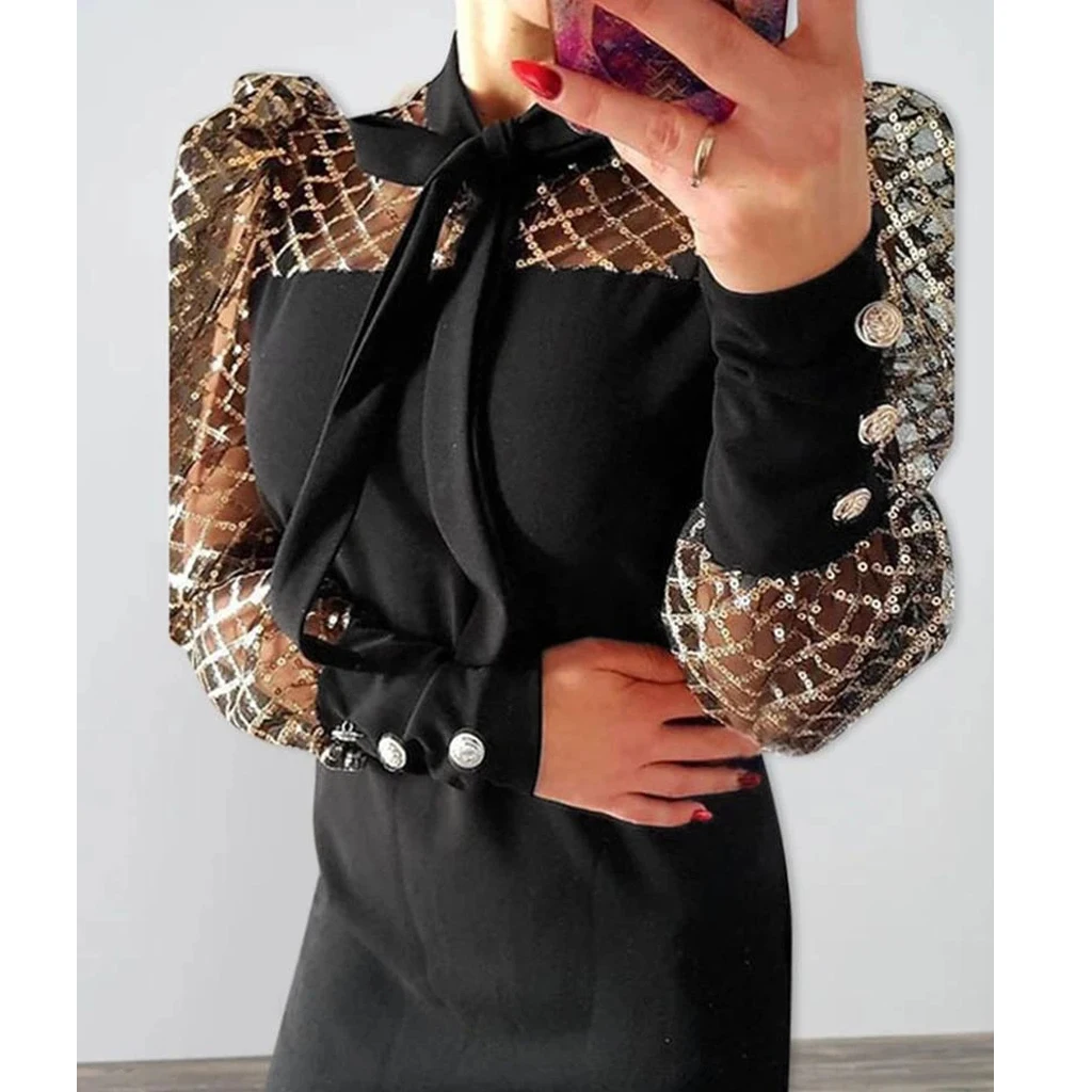 

Women Bodycon Cocktail Long Sleeve Mini Sequin Dress Black Career Tie Neck Dress